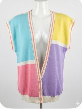 Vintage Nan Dorsey Patchwork Pastel V-Vneck Oversized Sweater Vest Size Small